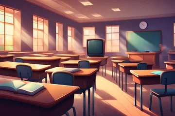 Foto op Plexiglas Cartoon empty elementary or high school college university classroom background. Illustration with room interior indoor objects desk table board chair tv set. Learning education backdrop © superbphoto95