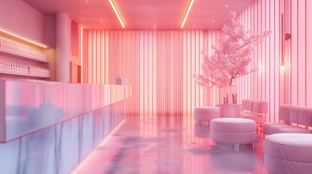 an AI-rendered image of a modern nail studio featuring shades of pink