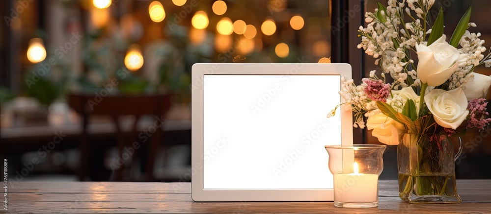 Poster a rectangular picture frame is displayed on a hardwood table alongside a vase of flowers and a candl