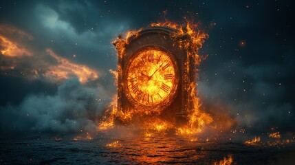 burning antique wood clock with stormy black cloud sky, world time run  out to apocalyptic crisis concept, environmental and religious theme, Generative Ai