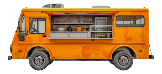 Orange food truck with open serving window, cut out - stock png.
