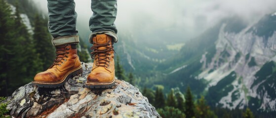 A closeup of the feet and boots on top mountain cliff rock, top down perspective. Hiking boots on a mountain path with wildflowers and sunlight, a closeup of hiking shoes walking in nature - obrazy, fototapety, plakaty