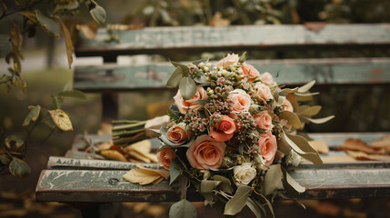 Wedding bouquet on bench