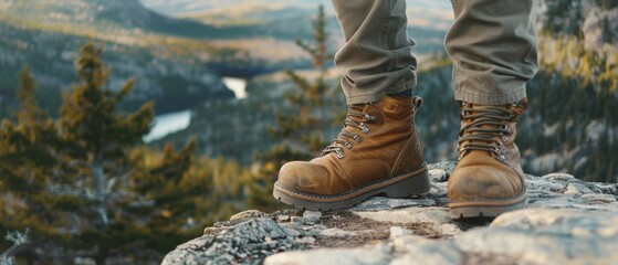 Naklejka premium A closeup of the feet and boots on top mountain cliff rock, top down perspective. Hiking boots on a mountain path with wildflowers and sunlight, a closeup of hiking shoes walking in nature