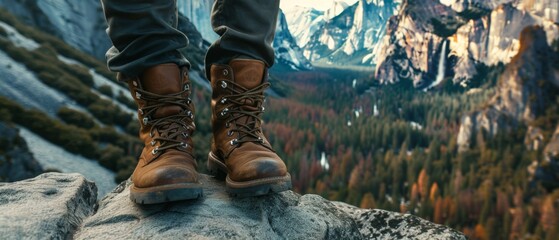 A closeup of the feet and boots on top mountain cliff rock, top down perspective. Hiking boots on a mountain path with wildflowers and sunlight, a closeup of hiking shoes walking in nature - obrazy, fototapety, plakaty