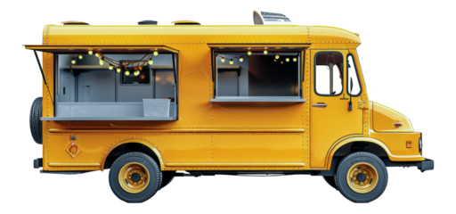 Yellow vintage food truck with menu board, cut out - stock png.