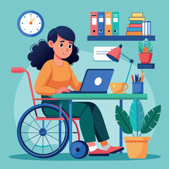 walker, wheelchair, illness, woman, person, physical, legs, load, vector, art, illustration, disabled person, inclusive, work, manager, computer, laptop, table, paper, mood, character, time, earnings