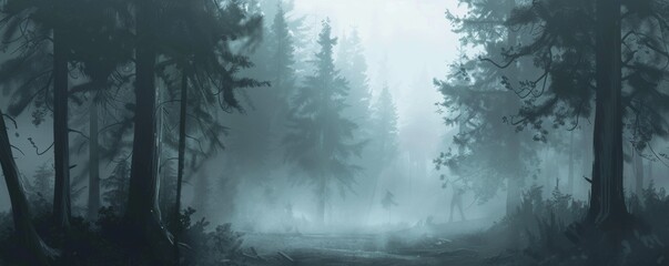 Misty forest with silhouetted trees - obrazy, fototapety, plakaty