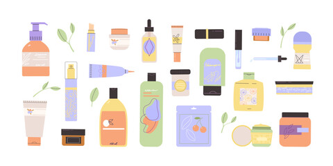 cartoon cosmetics packages set. collection with different shaped beauty cosmetics bottles jars and tubes, skin care body and hair makeup products. vector cartoon isolated objects.
