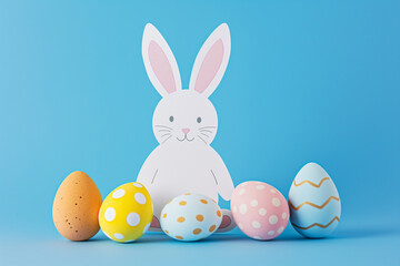 Obraz premium White cardboard bunny and Easter eggs on a blue background. Easter decoration