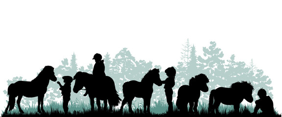 Children and pets silhouettes on white background. Little girls and boys play and feed ponies. Vector illustration.	
