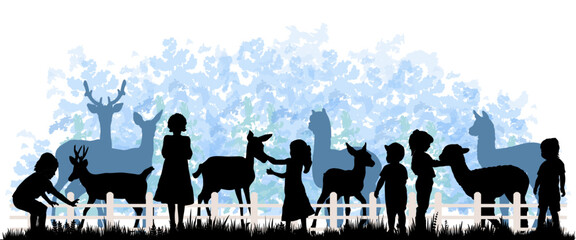 Children and pets silhouettes on white background. Little girls and boys play and feed animals. Vector illustration.	
