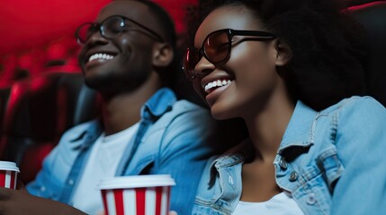 Happy young couple enjoying a movie in a theater, holding popcorn and laughing together. - Powered by Adobe