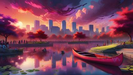 Vibrant cityscape at sunset with reflections on water and a red canoe in the foreground. - obrazy, fototapety, plakaty
