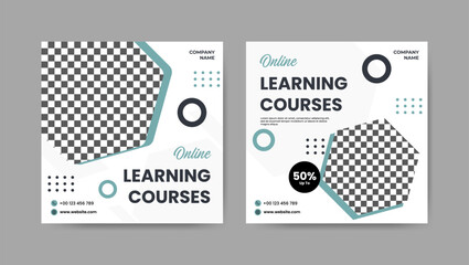 Collection of trendy geometric digital study, online learning courses social media post templates. Square banner design background.