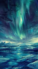 Aurora borealis over an icy landscape