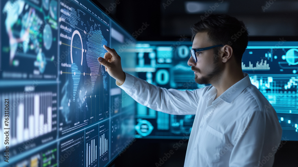 Poster data scientist analyzing data on a virtual display screen, modern digital data visualization, data s