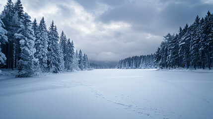 Wide angle view of a snow covered frozen lake 