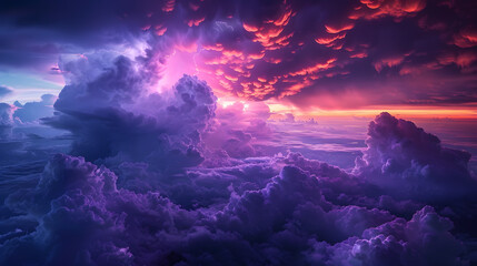A photo of thunderclouds, with an eerie purple glow as the background, during an impending thunderstorm