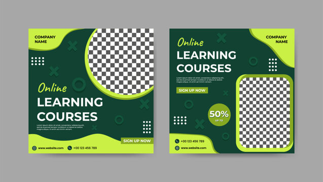 Collection of green geometric digital study, online learning courses social media post templates. Square banner design background.