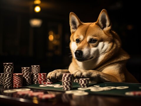Fluffy Shiba flipping a poker chip, casino vibes, low light, side angle, sharp focus,professional color grading,soft shadowns, no contrast, clean sharp,clean sharp focus, digital photography