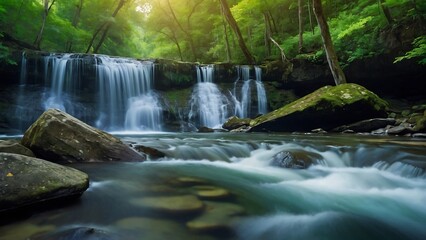 waterfall in the forest, long exposure, beautiful photo