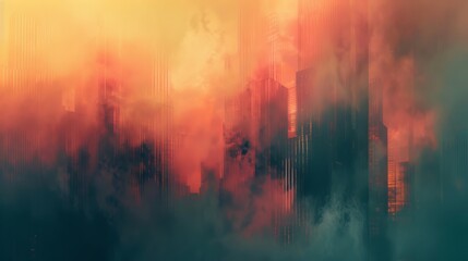 Abstract cityscape with digital glitch effect - obrazy, fototapety, plakaty