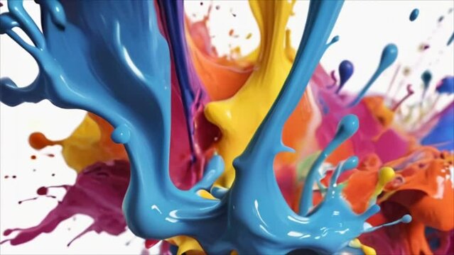 Video, abstract background. Splashes of multi-colored liquid acrylic paint on a white background. AI generative.