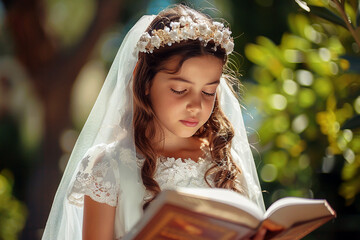 A praying girl in a white First Communion outfit. AI generative. - obrazy, fototapety, plakaty