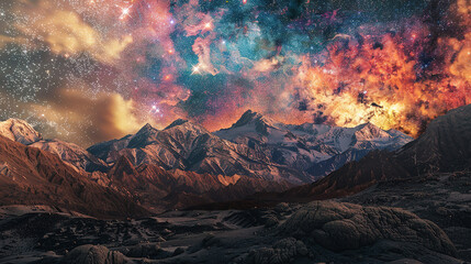 An expanse of rugged mountains under a magnificent starry sky bursting with colors