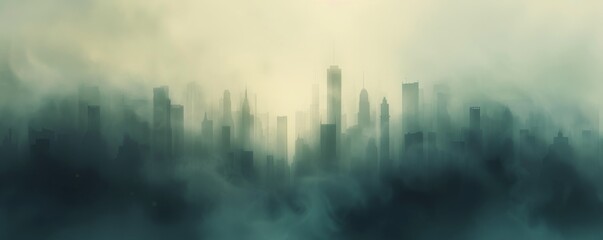 Misty city skyline at dawn