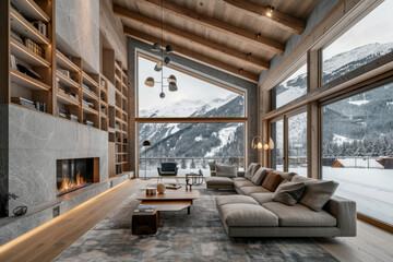 Fototapeta na wymiar A living room with a modern interior design, featuring a large wooden floor and marble wall panels. A gray sofa sits in front of the fireplace, with bookshelves on one side