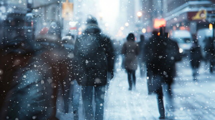 Winter city commuters with snow. Blurred image of work