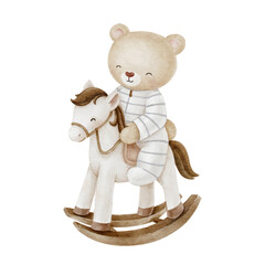 Cute Teddy Bear with pajamas is riding a Wooden horse