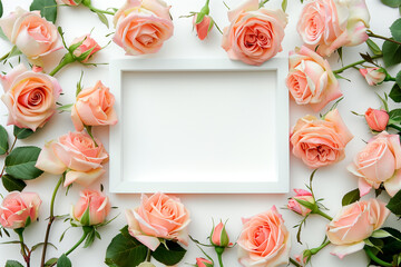 Top view of pink roses and blank frame on white, ideal for invitations and greetings.