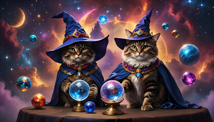 A sorcerer cat wearing a witch hat and a cape in a mysterious background. Amazing digital illustration. CG Artwork Background