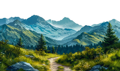 Hiking trail in mountains with coniferous trees on transparent background - stock png. - obrazy, fototapety, plakaty