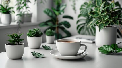 cup of coffee and plant - obrazy, fototapety, plakaty