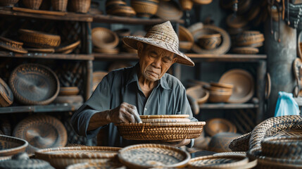 An elderly craftsman meticulously weaves wicker baskets, surrounded by handmade items in a rustic workshop. - obrazy, fototapety, plakaty