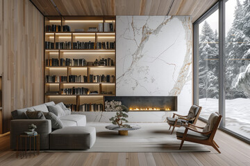 A living room with a modern interior design, featuring a large wooden floor and marble wall panels. A gray sofa sits in front of the fireplace, with bookshelves on one side