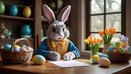 Obraz premium Easter bunny with easter eggs and tulips on a wooden table