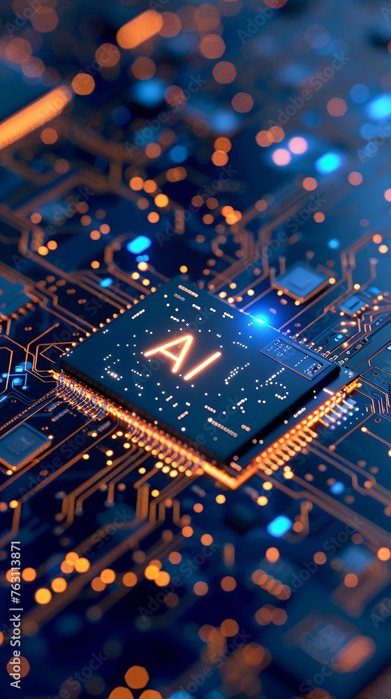 Poster a computer motherboard with a state-of-the-art ai processor. ai generative.