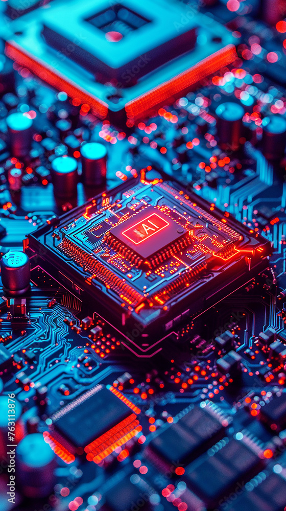 Poster a computer motherboard with a state-of-the-art ai processor. ai generative.