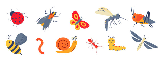 Set of cute garden insects, bugs. Snail, butterfly, dragonfly, grasshopper, worm, mosquito, ladybug, bee, caterpillar, fly, ant for children. Funny childish characters. 