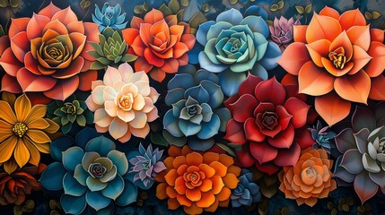 Colorful stylized succulents and flowers mural