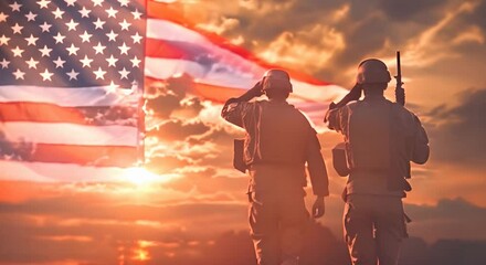 Silhouettes of soldiers saluting on background USA flag. Greeting card for Veterans Day, Memorial Day, Independence Day. America celebration - Powered by Adobe
