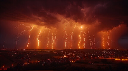 A photo of lightning bolts, with jagged streaks illuminating the sky as the background, during a raging storm - obrazy, fototapety, plakaty