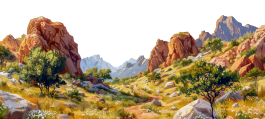 Red rock formations with mountain backdrop and green foliage, cut out - stock png.
