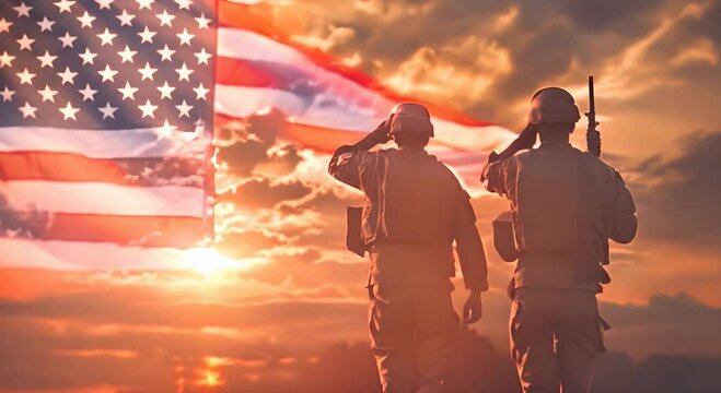 Silhouettes of soldiers saluting on background USA flag. Greeting card for Veterans Day, Memorial Day, Independence Day. America celebration