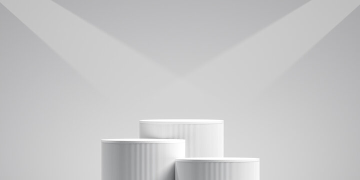 Minimal white podium 3d stage product display presentation background with spotlight beam show pedestal platform light studio or modern advertising empty stand exhibition showcase premium backdrop.